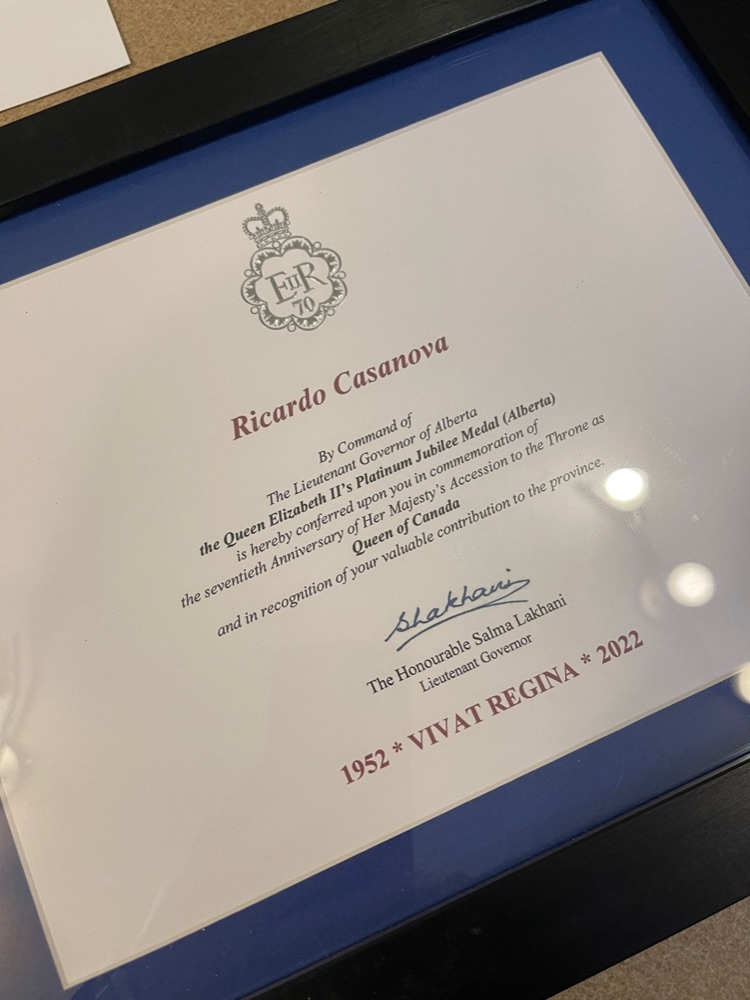 The framed certificate for the Queen Elizabeth II's Platinum Jubilee Medal (Alberta), made out to Ricardo Casanova